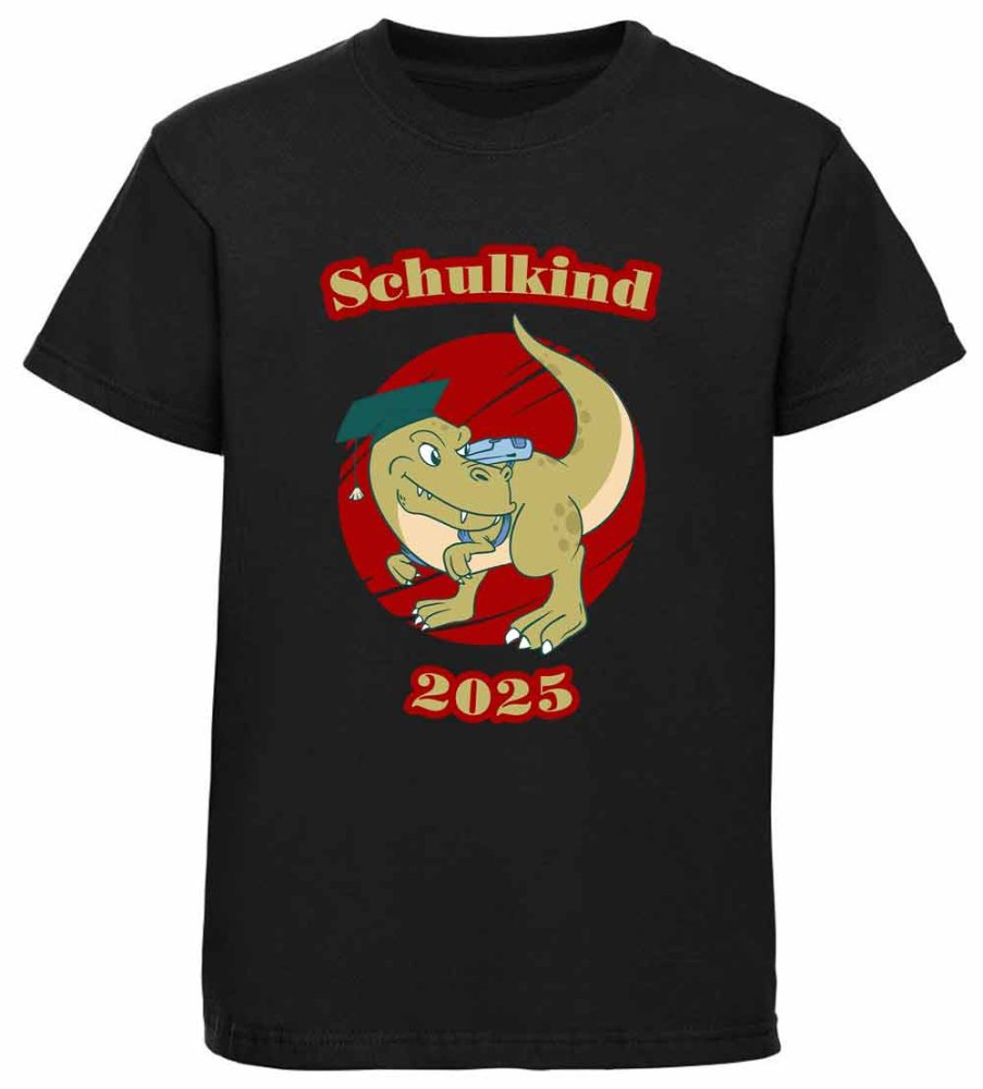 Bedrucktes Kinder T-Shirt „Schulkind 2023 und Tyrannosaurus Rex mit Schultasche und Doktorhut“